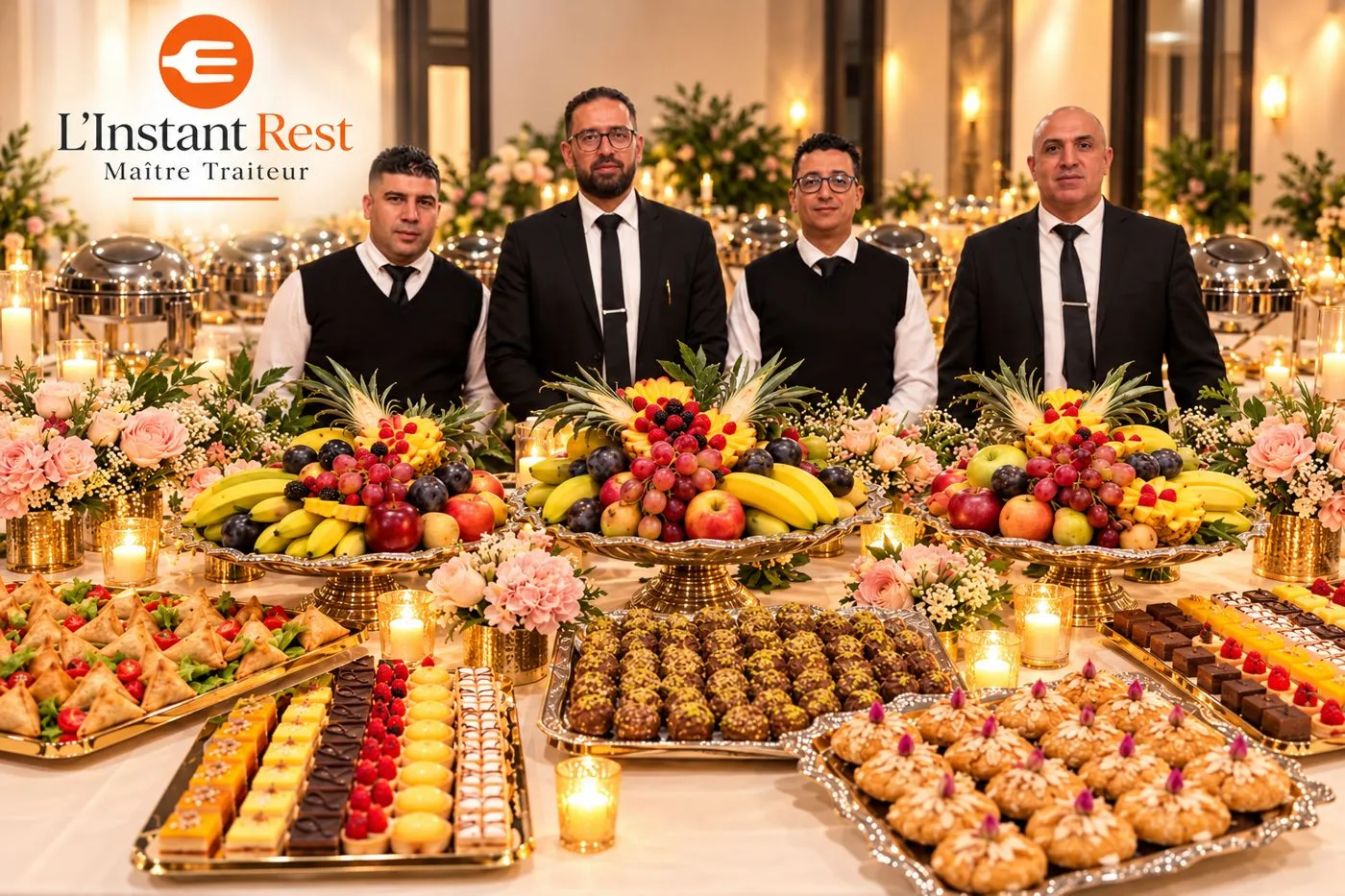 L'équipe de service de L'instant Rest devant le buffet