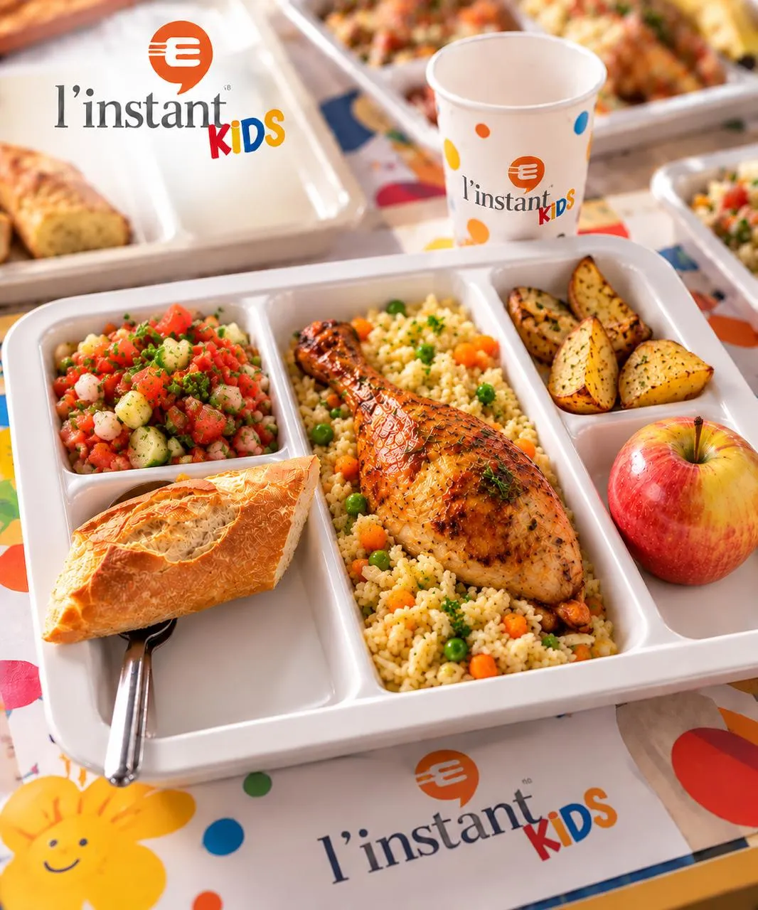 Plateau Kids : poulet, riz aux légumes et pomme